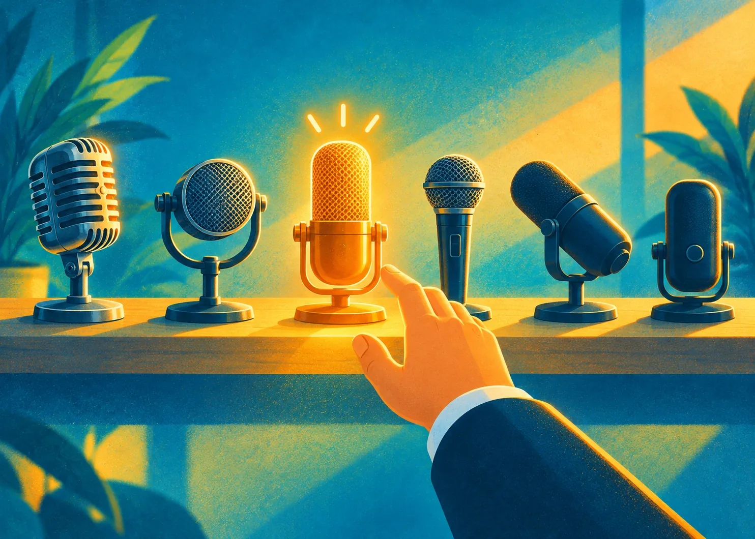 Illustration of a hand choosing one glowing microphone from a shelf of different microphones, a metaphor for comparing public speaking courses
