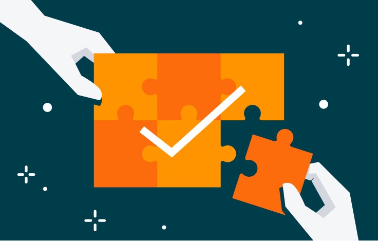 Illustration of two hands fitting orange puzzle pieces together beside a check mark