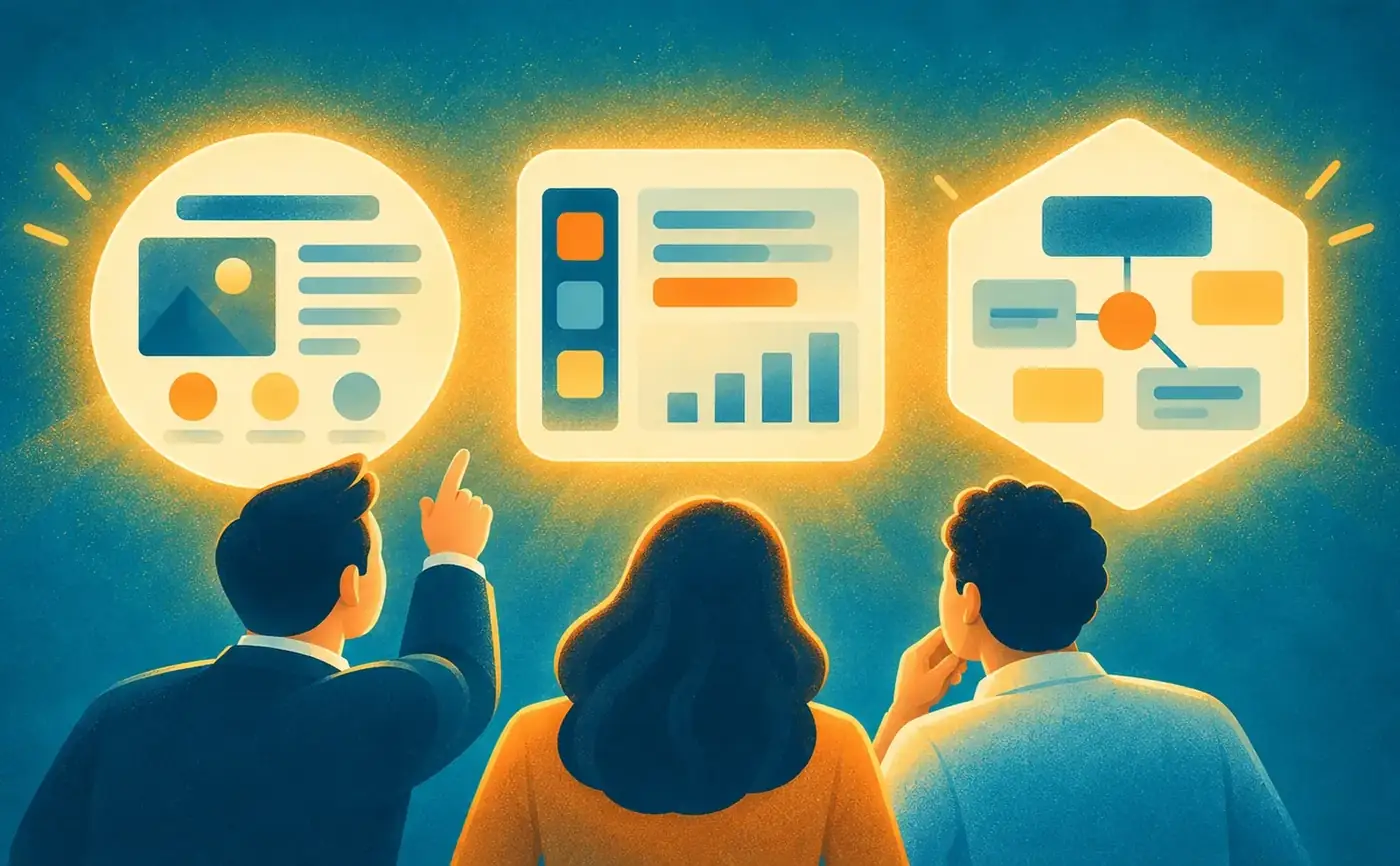 Illustration of three colleagues comparing three different AI assistant workspaces