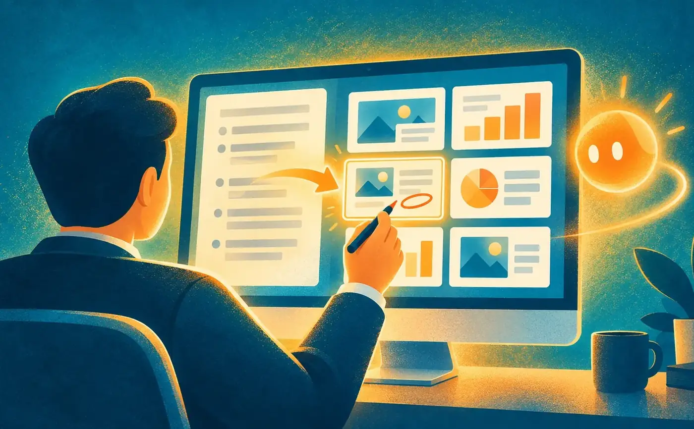 Illustration of a presenter editing AI-drafted slides on a monitor, with a document outline turning into slide thumbnails