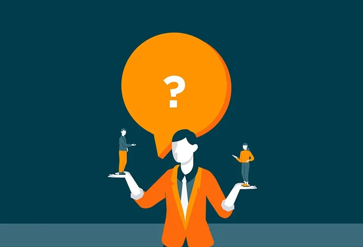 Illustration of a person with a question mark, balancing two small figures