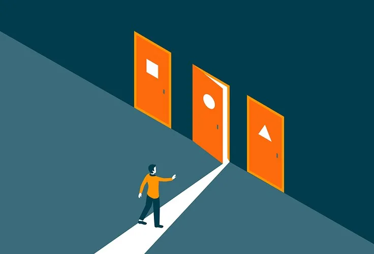Illustration of a person walking toward three orange doors, one open