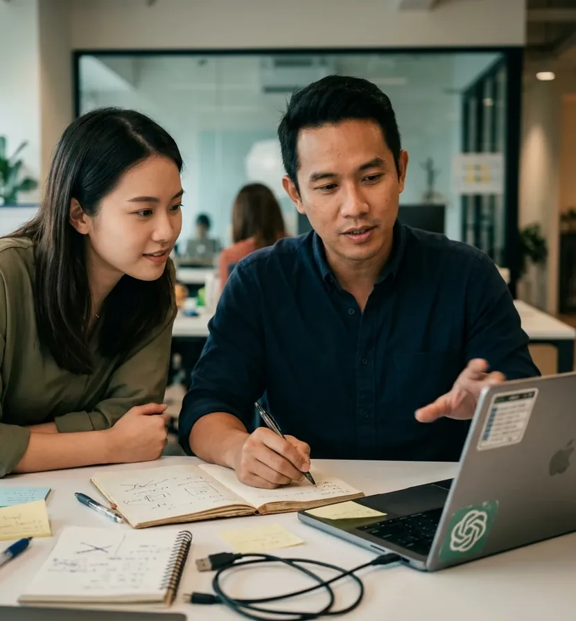 Two colleagues in an open-plan office working through an AI task together on a laptop, with notebooks and sticky notes on the desk