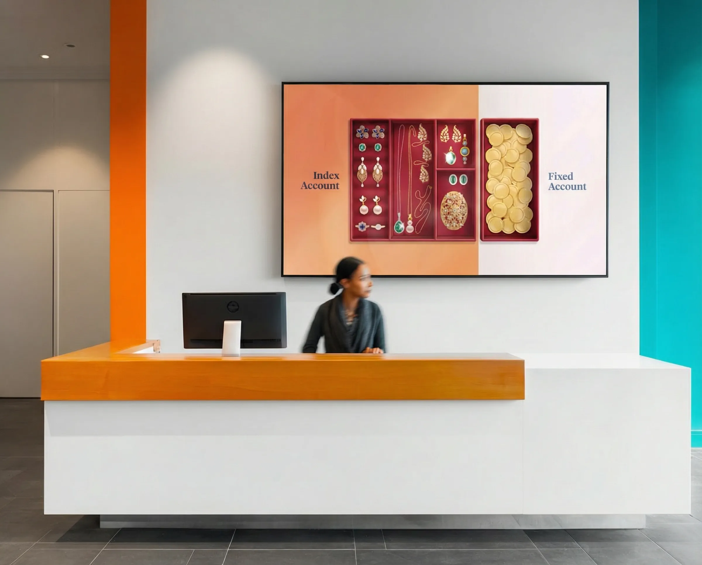 Explainer video playing on a reception wall screen above a front desk