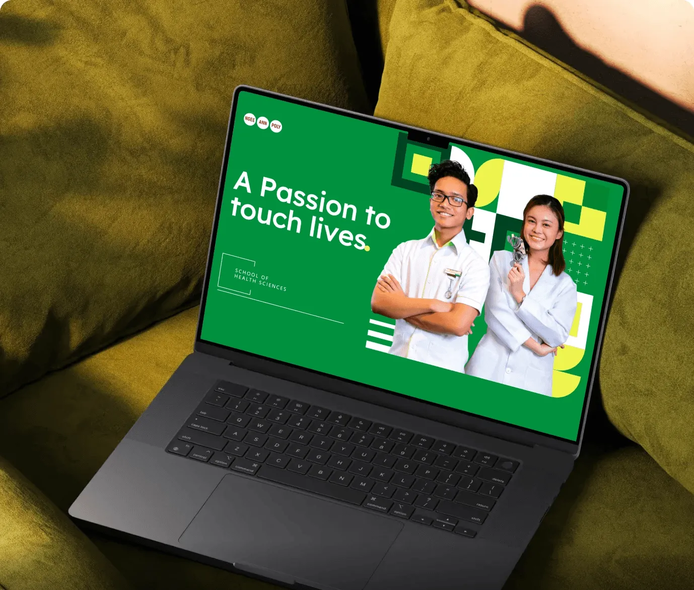 Laptop on a sofa showing a green pitch deck titled A Passion to touch lives
