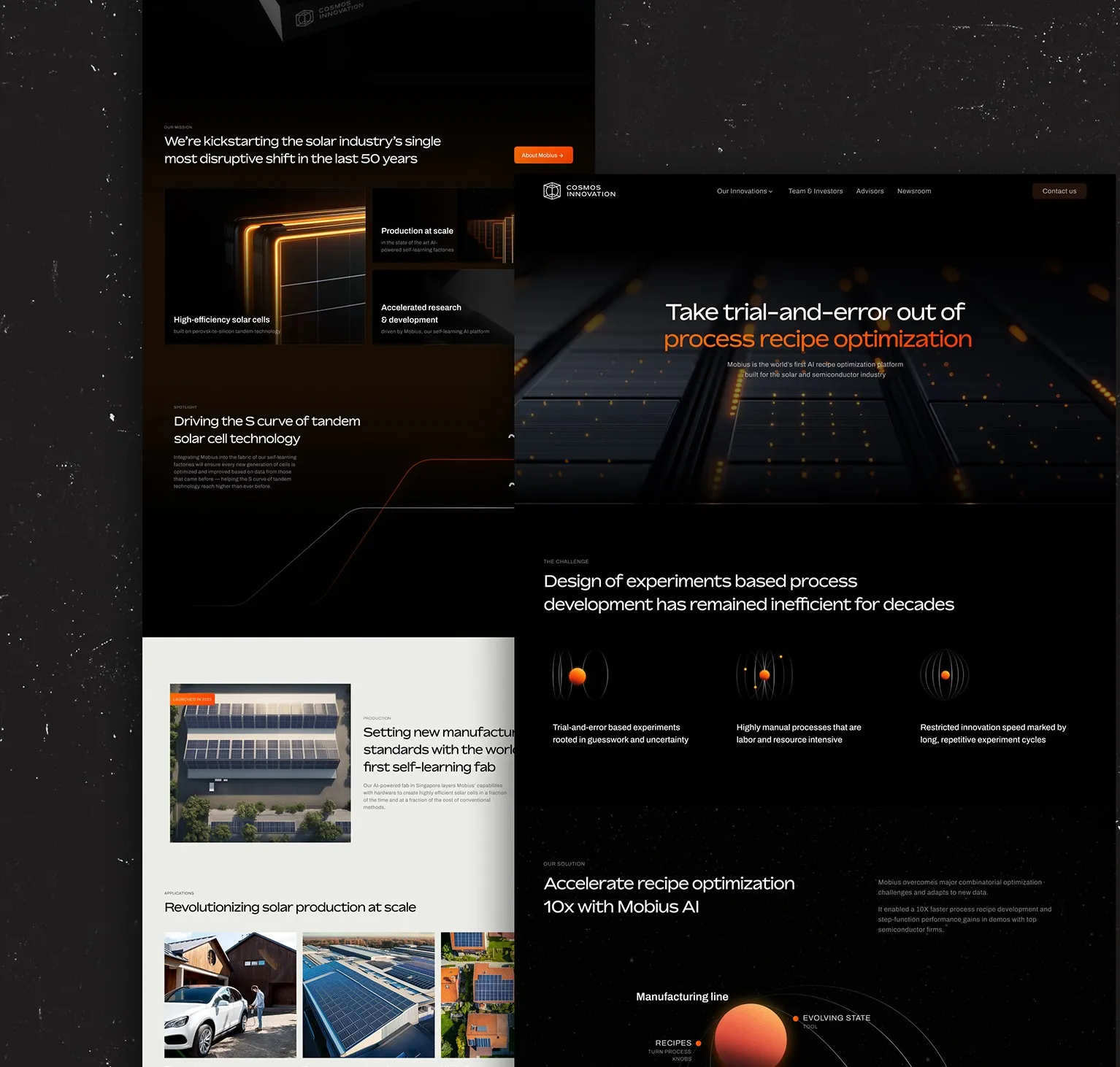 Dark website pages for a solar technology company shown side by side